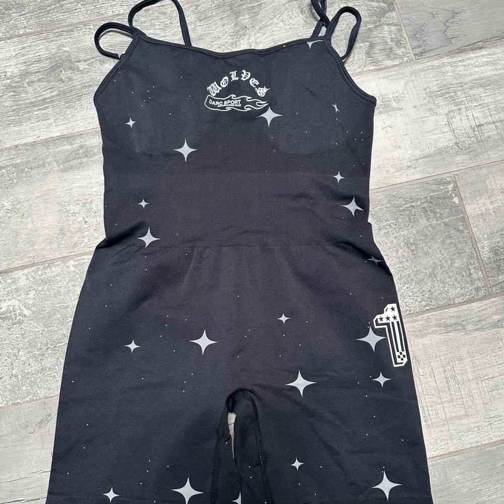 Darc Sport Graphic Stars Cross Bodysuit Romper Flame Wolves Black Goth Womens